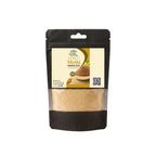 A black stand-up window pouch of pure raw Fenugreek Seeds powder Trigonella foenum-graecum Methi Dana powder by Herby Factor in Pakistan