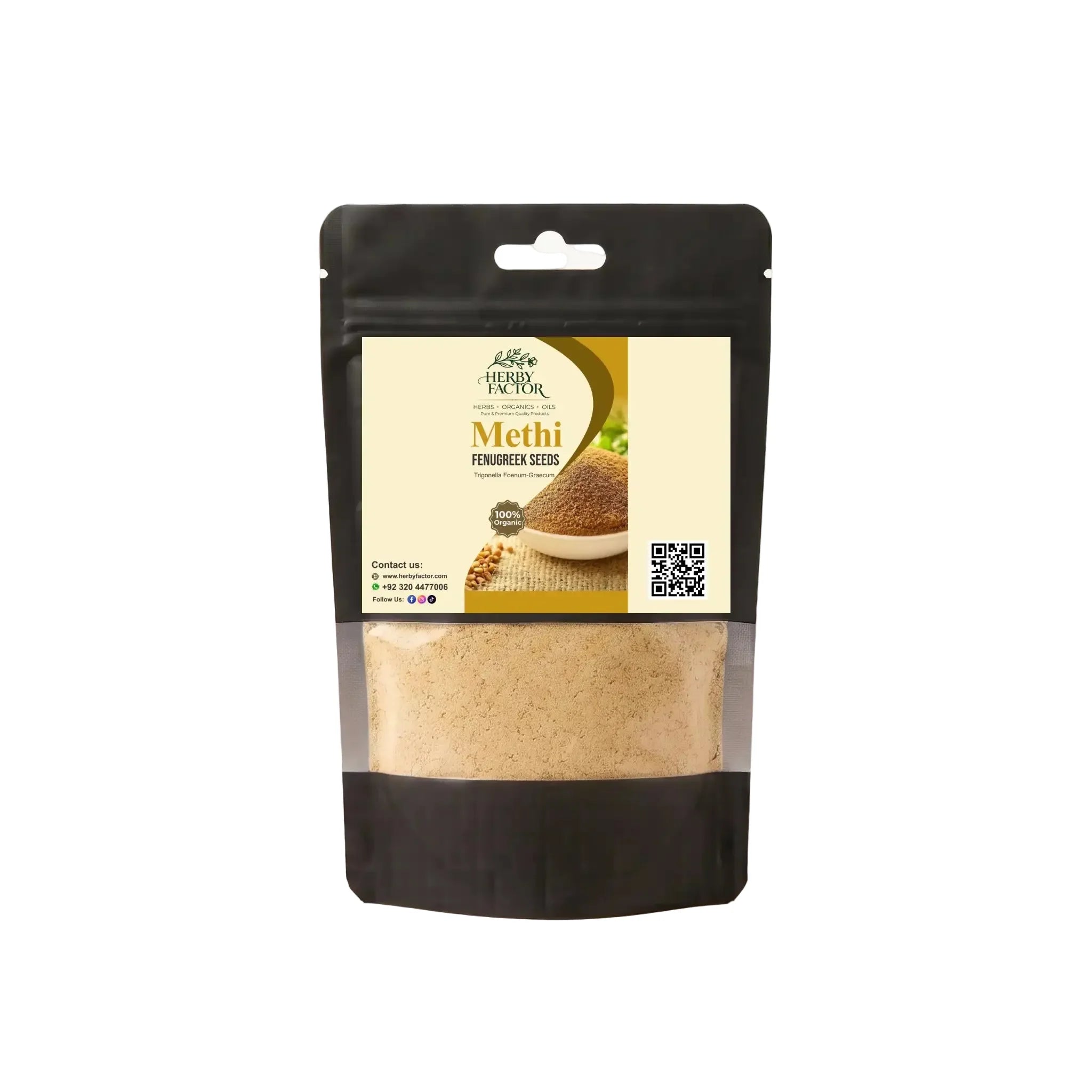 A black stand-up window pouch of pure raw Fenugreek Seeds powder Trigonella foenum-graecum Methi Dana powder by Herby Factor in Pakistan