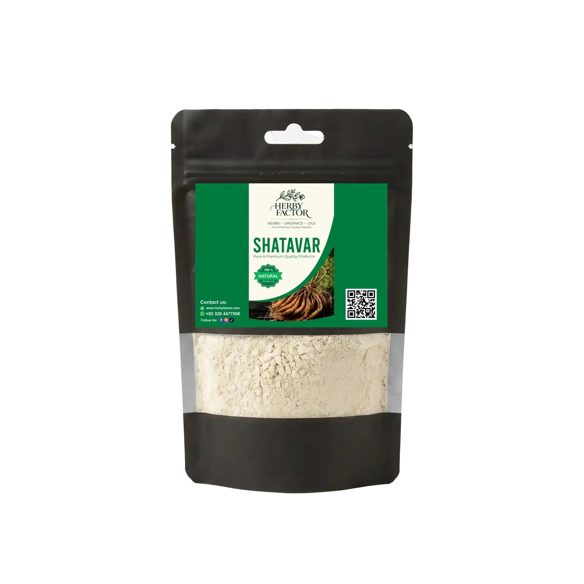 A stand-up pouch of Herby Factor  Shatavar powder, featuring a black resealable package with a green and white label and a clear window showing the light beige powder inside, set against a plain white background.