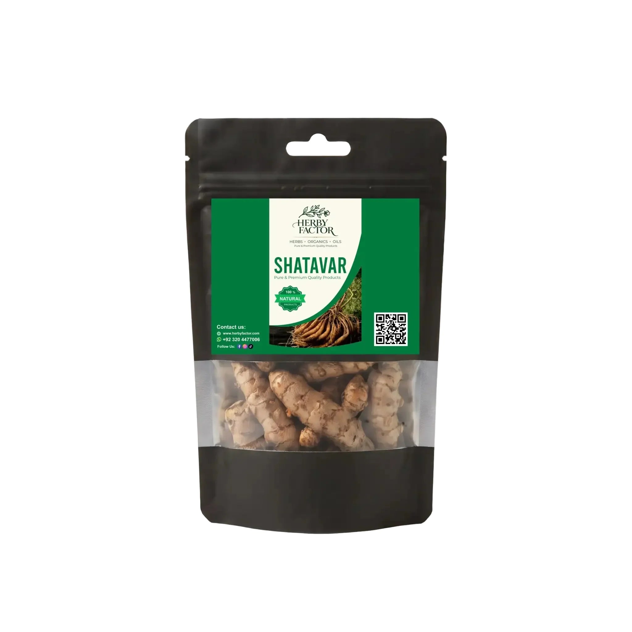A black stand-up pouch of Shatavar herb with a green and white label, shown on a clean white background.