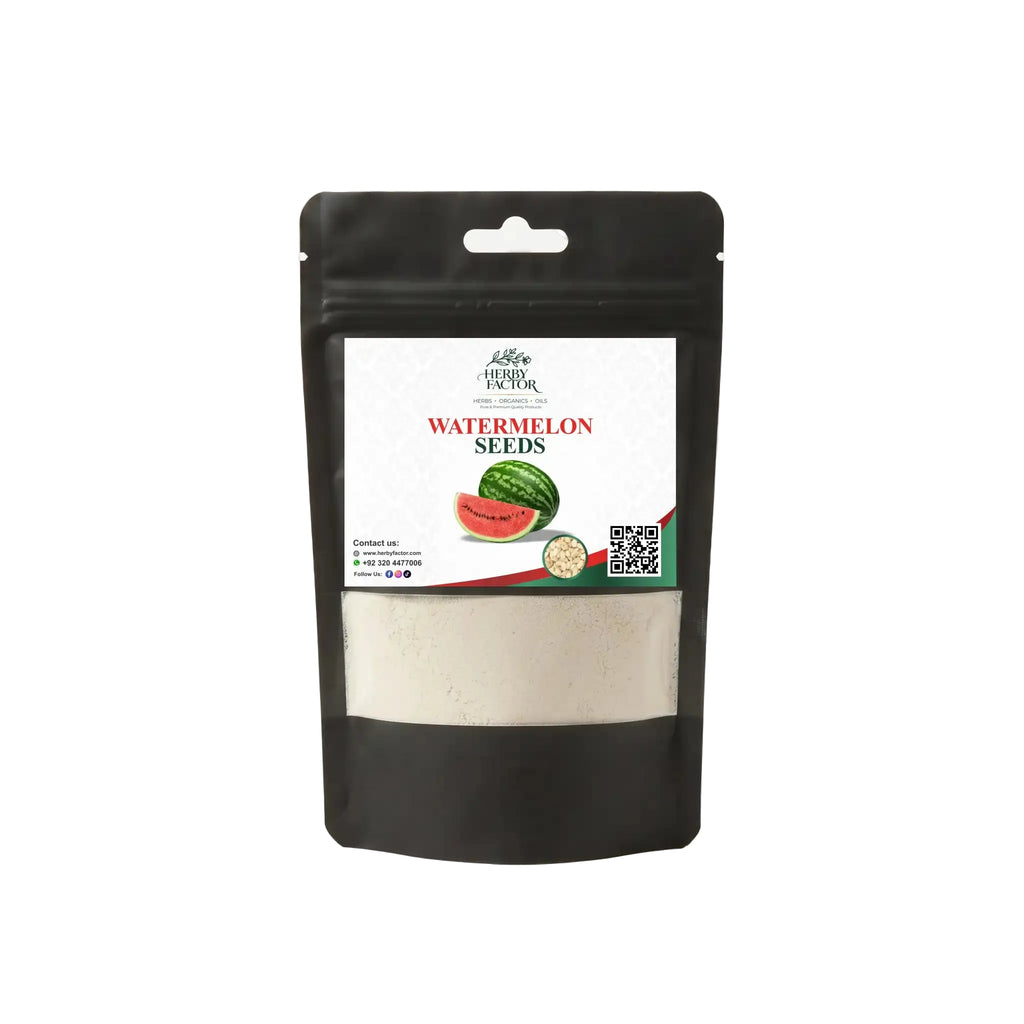 A black stand-up pouch package labeled 'Watermelon Seeds' with a clear window showing a light beige powder inside, photographed on a clean white background.