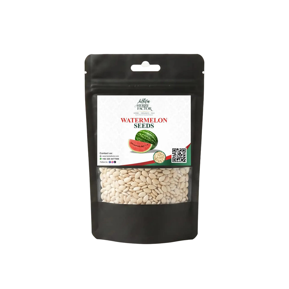 A black stand-up pouch of watermelon seeds with a clear window showing the beige seeds inside, on a plain white background.