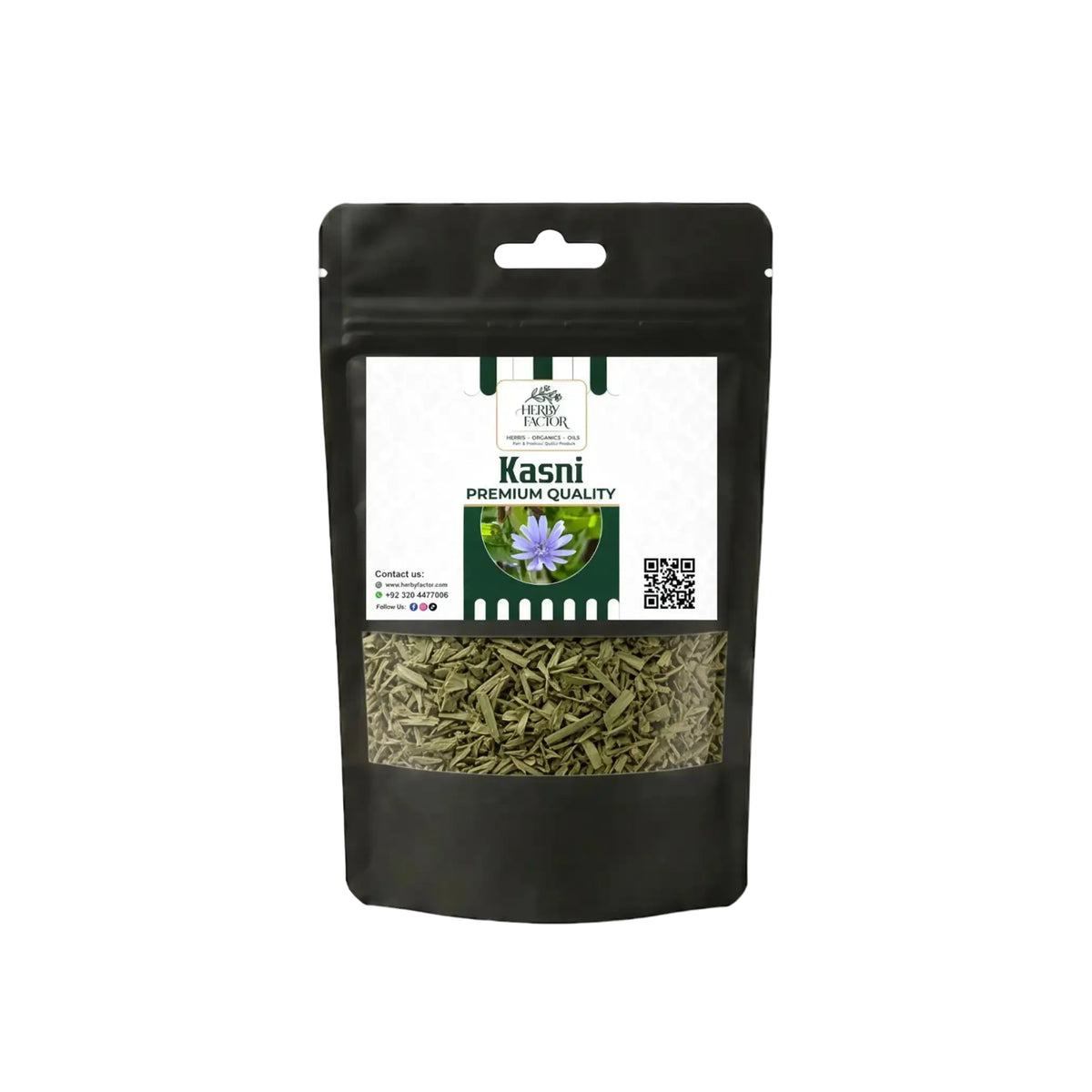 Black stand-up window pouch package displaying pure raw Kasni seeds powder Chicory seeds powder Cichorium intybus Hindba by Herby Factor Pakistan