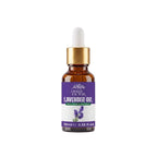 A 30ml amber glass dropper bottle of Lavender Oil Lavandula Angustifolia-Roghan-e-Ustukhuddus by Herby Factor, featuring a purple and white label with a gold collar and white dropper cap, set against a neutral white background.