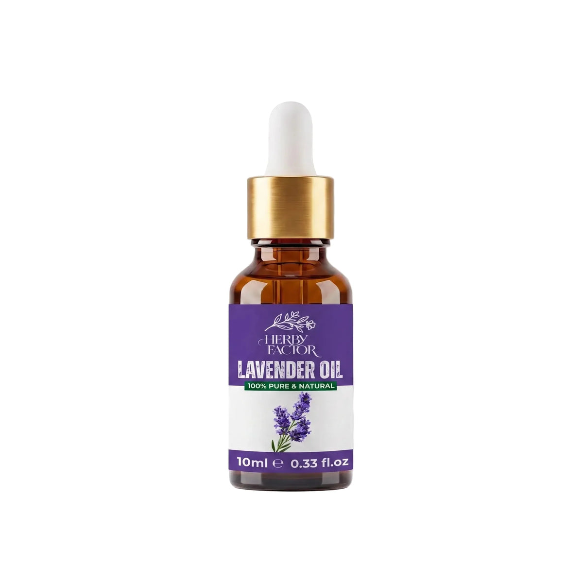 A 30ml amber glass dropper bottle of Lavender Oil Lavandula Angustifolia-Roghan-e-Ustukhuddus by Herby Factor, featuring a purple and white label with a gold collar and white dropper cap, set against a neutral white background.