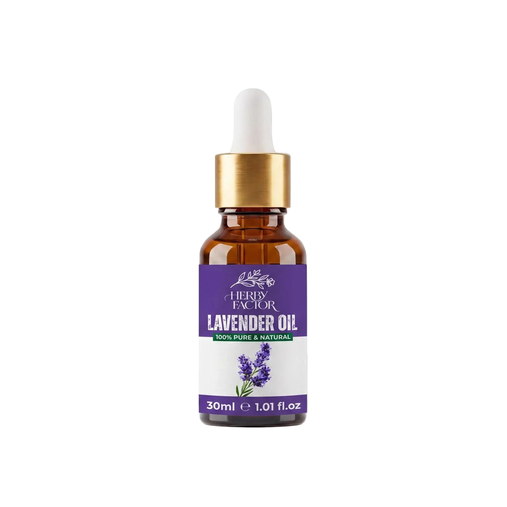 A 30ml amber glass dropper bottle of Lavender Oil Lavandula Angustifolia-Roghan-e-Ustukhuddusby Herby Factor featuring a purple and white label with a gold collar and white dropper cap, set against a neutral gray background.