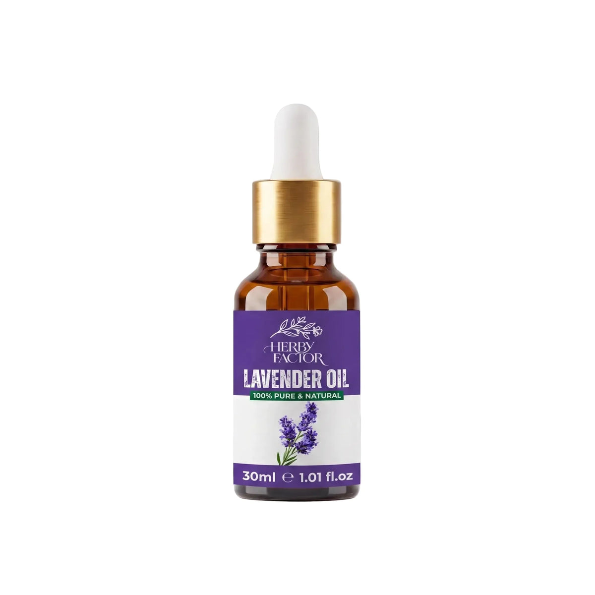 A 30ml amber glass dropper bottle of Lavender Oil Lavandula Angustifolia-Roghan-e-Ustukhuddusby Herby Factor featuring a purple and white label with a gold collar and white dropper cap, set against a neutral gray background.