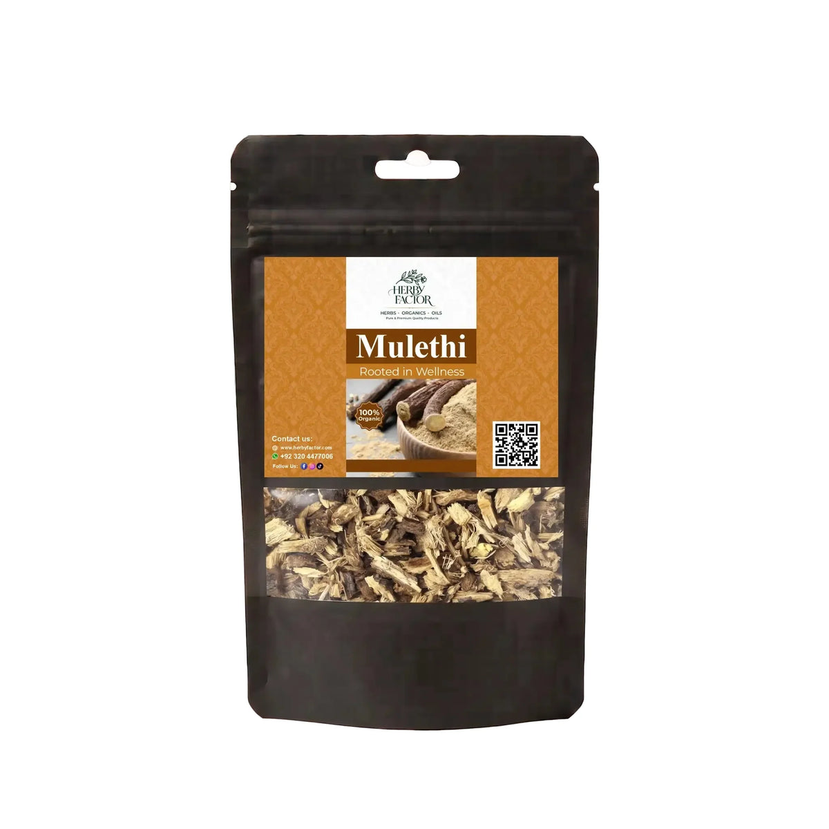 Black stand-up window pouch package displaying pure raw Licorice Root Glycyrrhiza glabra Mulethi by Herby Factor Pakistan