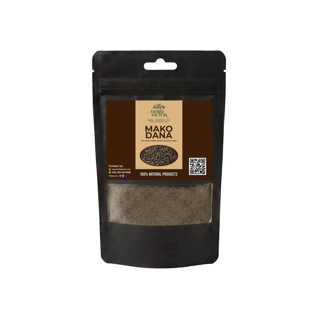 Black stand-up window pouch package displaying pure raw Mako Dana Solanum nigrum Black Nightshade Powder by Herby Factor Pakistan