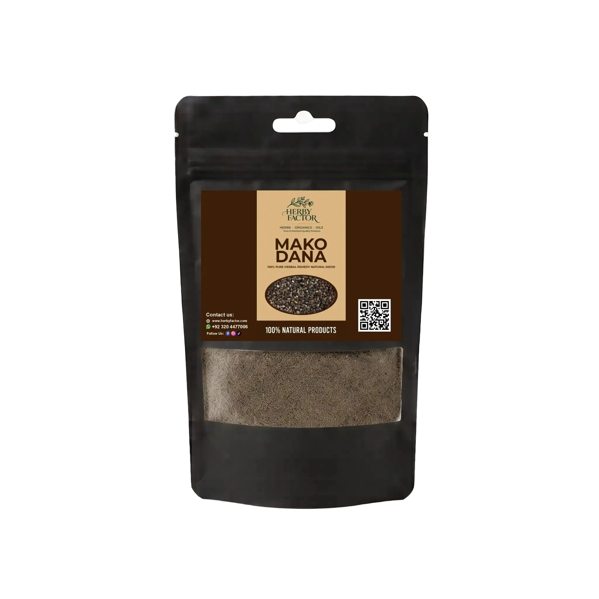 Black stand-up window pouch package displaying pure raw Mako Dana Solanum nigrum Black Nightshade Powder by Herby Factor Pakistan