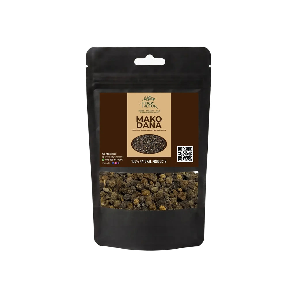 Black stand-up window pouch package displaying pure raw Mako Dana Solanum nigrum Black Nightshade Seeds by Herby Factor Pakistan
