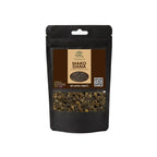 Black stand-up window pouch package displaying pure raw Mako Dana Solanum nigrum Black Nightshade Seeds by Herby Factor Pakistan