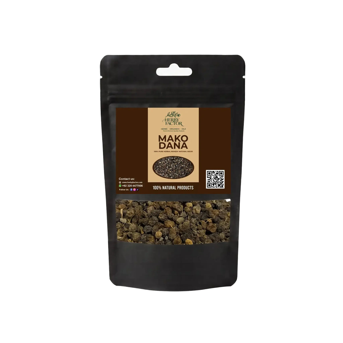 Black stand-up window pouch package displaying pure raw Mako Dana Solanum nigrum Black Nightshade Seeds by Herby Factor Pakistan