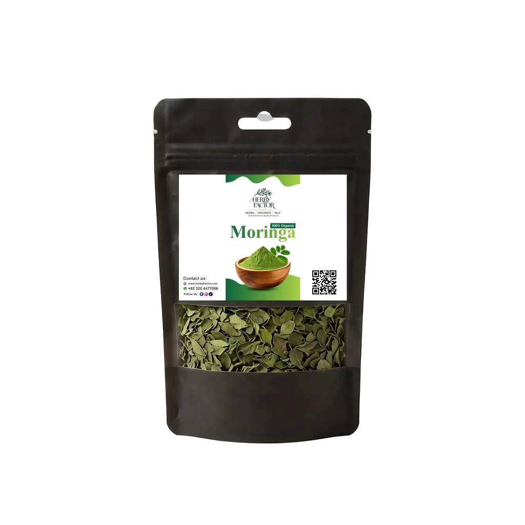 Black stand-up window pouch package displaying pure raw Moringa Leaves Moringa oleifera Sohanjna by Herby Factor Pakistan