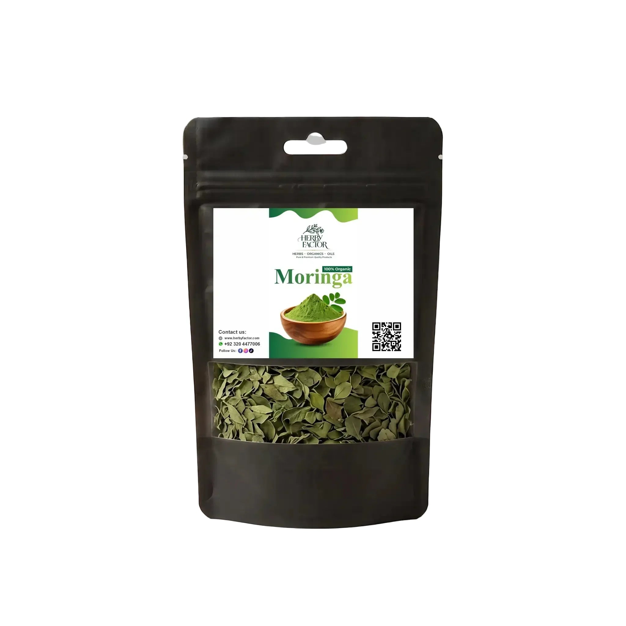 Black stand-up window pouch package displaying pure raw Moringa Leaves Moringa oleifera Sohanjna by Herby Factor Pakistan