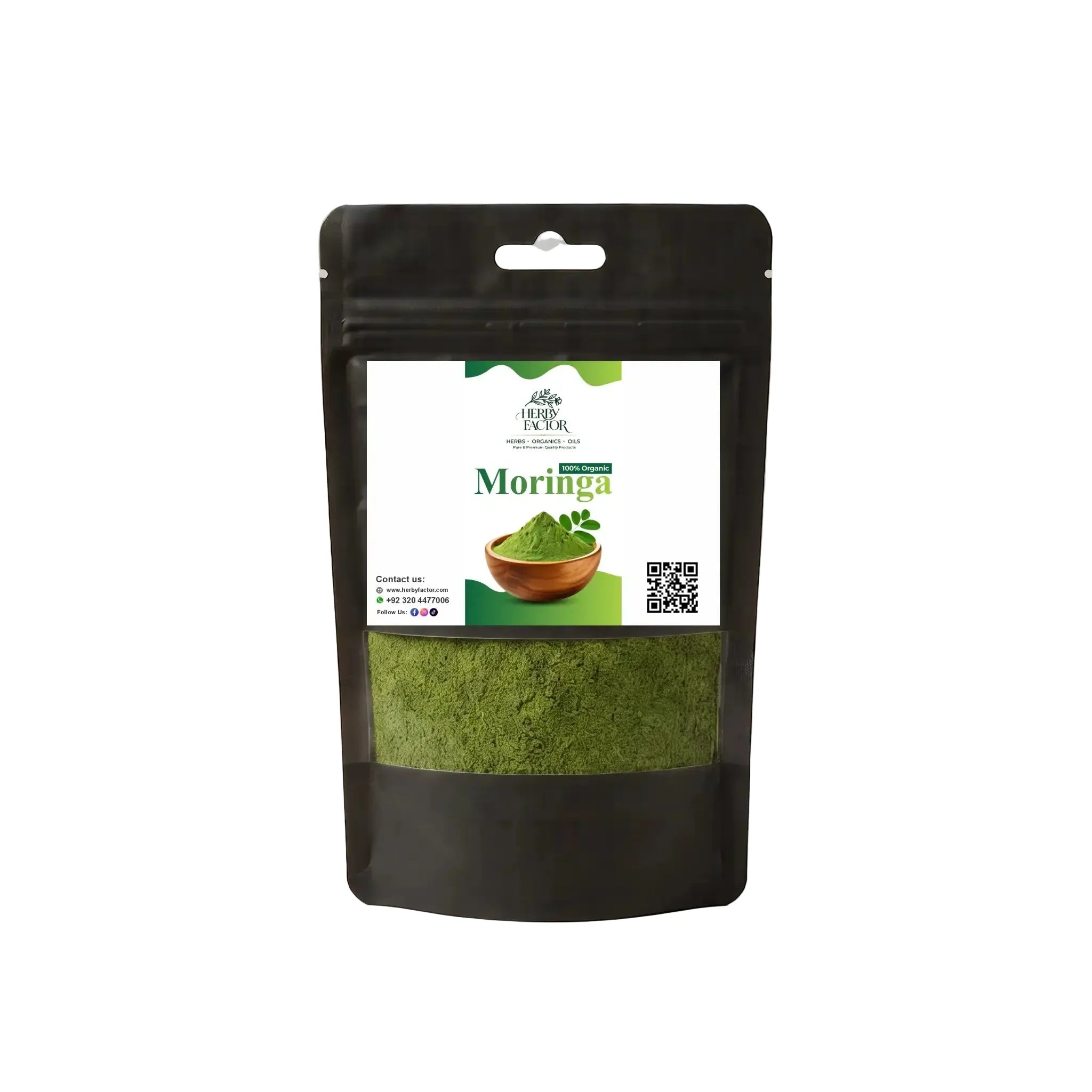 Black stand-up window pouch package displaying pure raw Moringa Powder Moringa oleifera Sohanjna by Herby Factor Pakistan
