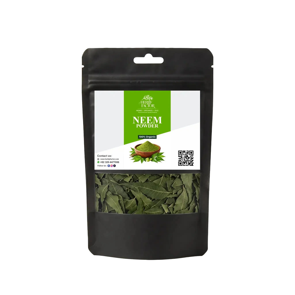 Black stand-up window pouch package displaying pure raw Neem Leaves Azadirachta indica by Herby Factor Pakistan