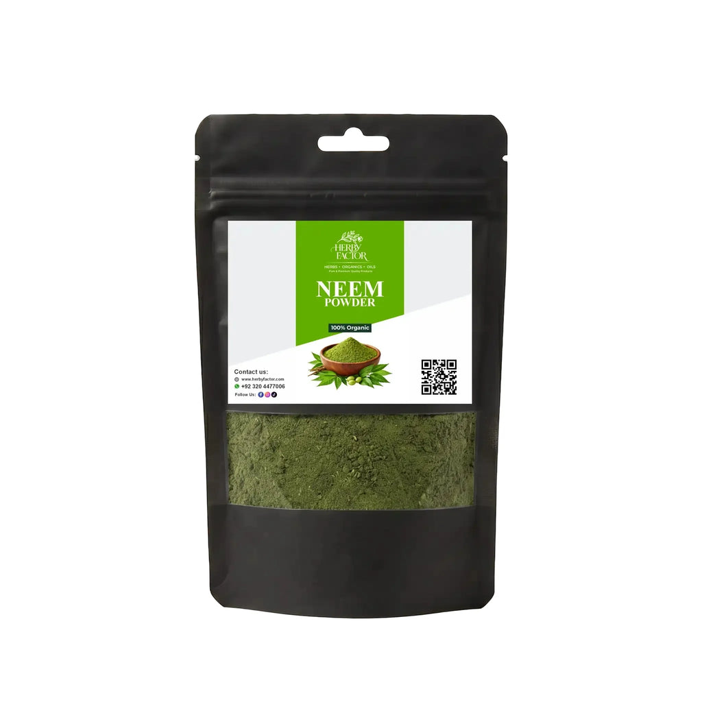 Black stand-up window pouch package displaying pure raw Neem Powder Azadirachta indica by Herby Factor Pakistan