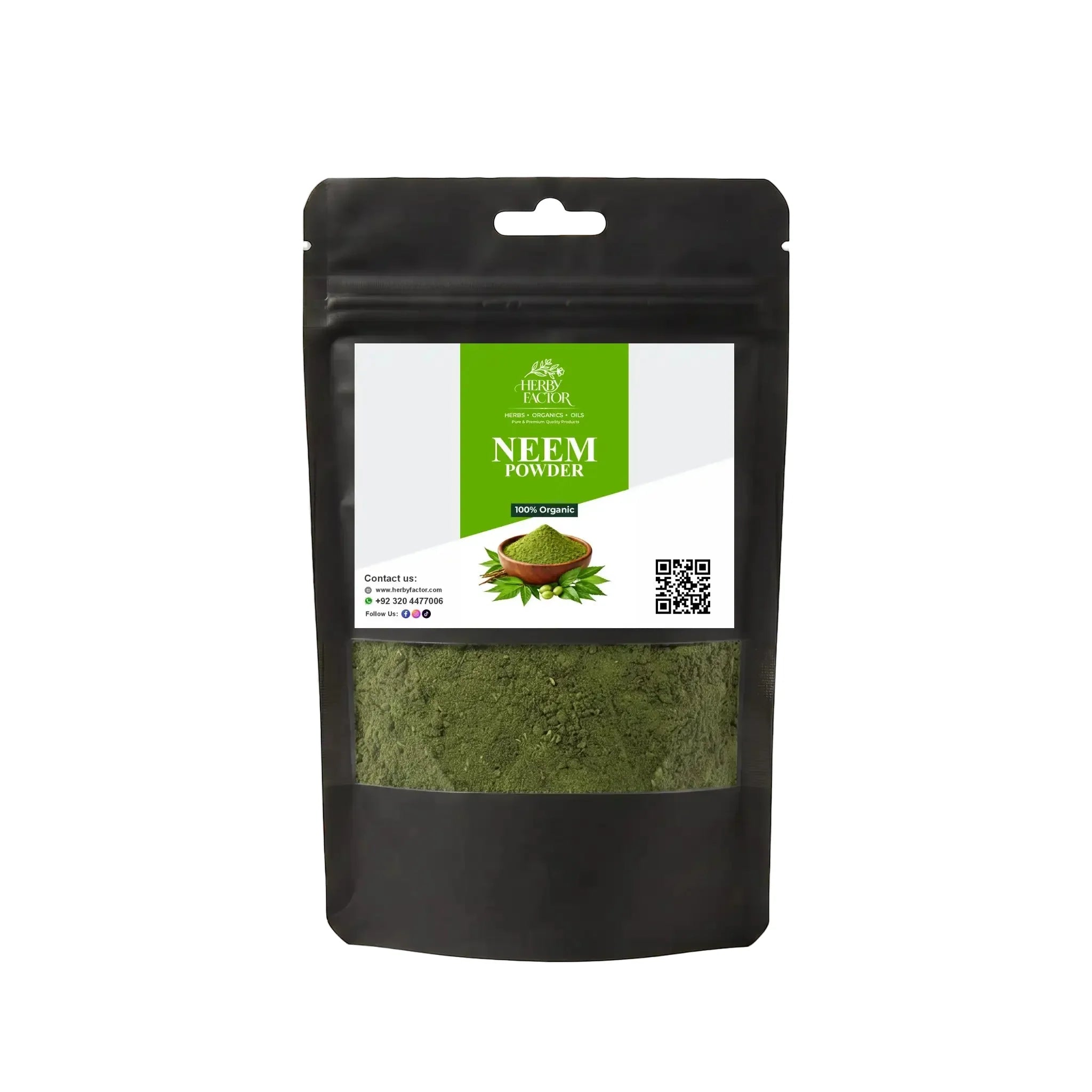 Black stand-up window pouch package displaying pure raw Neem Powder Azadirachta indica by Herby Factor Pakistan