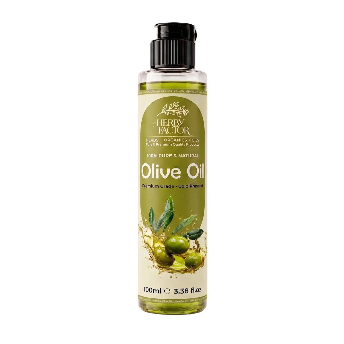 A 100ml bottle of Herby Factor Olive Oil Olea Europaea, Roghan e Zaitoon with a black flip-top cap and a cream and olive-green label, set against a plain white background.