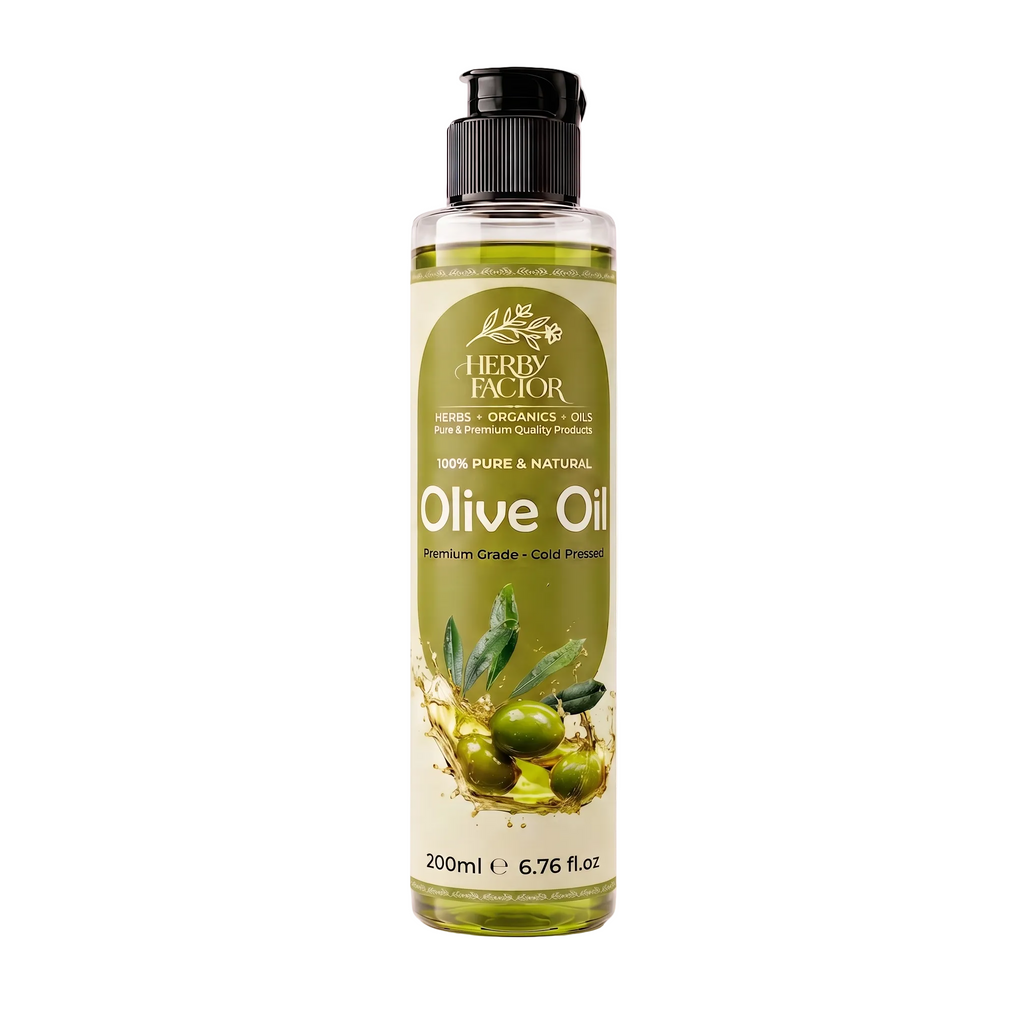 A 200ml bottle of Herby Factor Olive Oil Olea Europaea, Roghan e Zaitoon with a black flip-top cap and a cream and olive-green label, set against a plain white background.