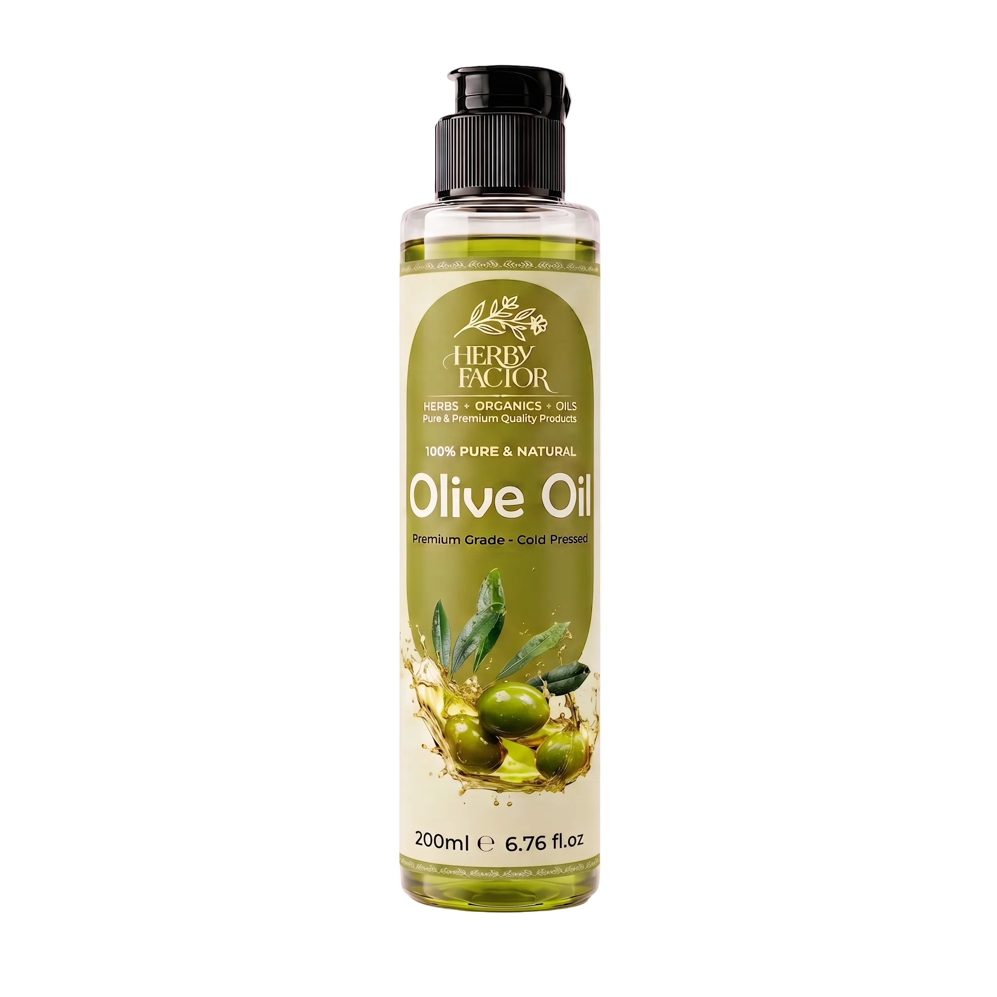 A 200ml bottle of Herby Factor Olive Oil Olea Europaea, Roghan e Zaitoon with a black flip-top cap and a cream and olive-green label, set against a plain white background.