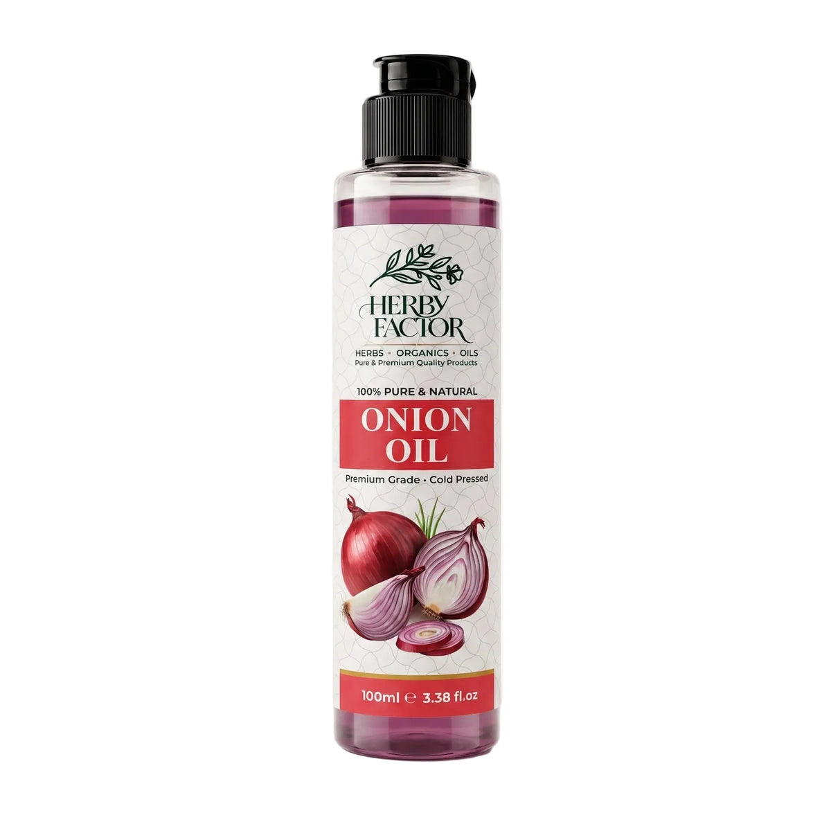 A 100ml bottle of Herby Factor Onion Oil, featuring a white label with red and black text and illustrations of red onions, set against a plain white background.