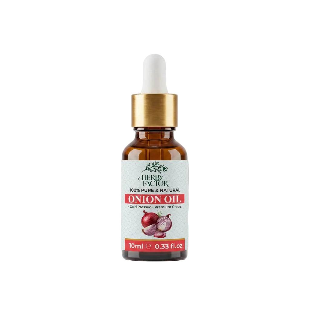 A 10ml amber glass dropper bottle of Herby Factor Onion Oil, Allium Cepa Roghan e Piyaz featuring a white label with red accents and a gold collar, set against white background.