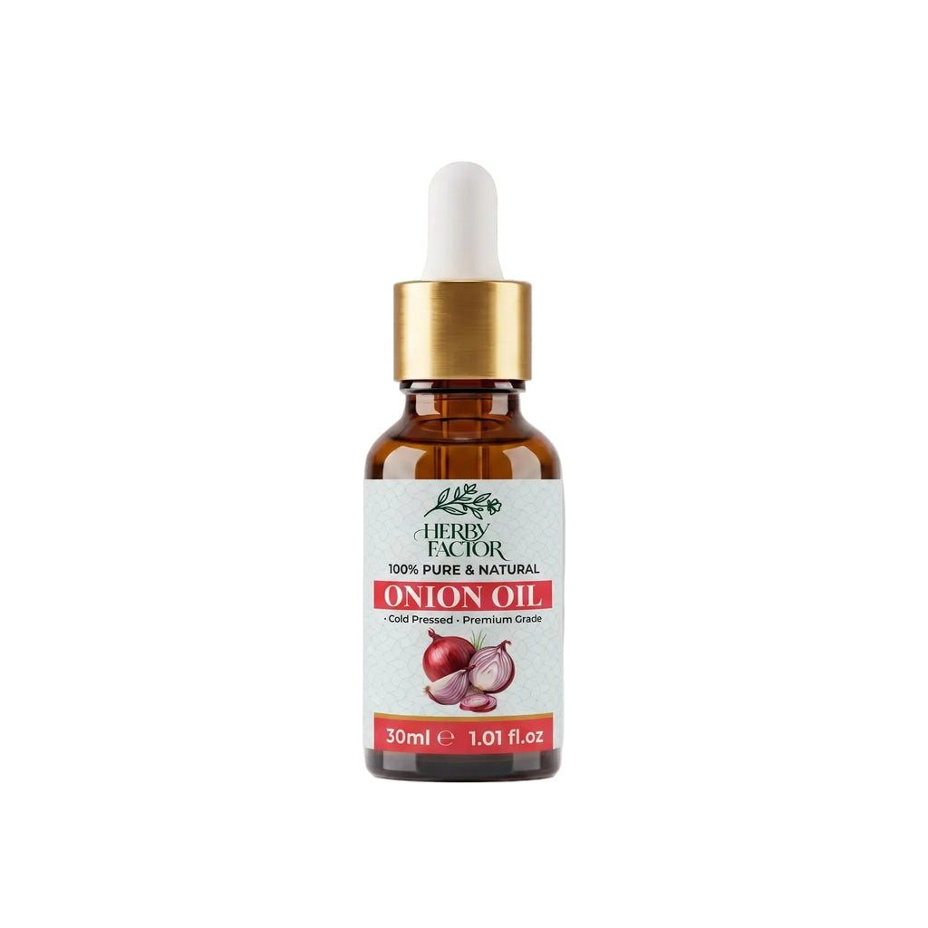 A 30ml amber glass dropper bottle of Herby Factor Onion Oil, Allium Cepa Roghan e Piyaz featuring a white label with red accents and a gold collar, set against white background.
