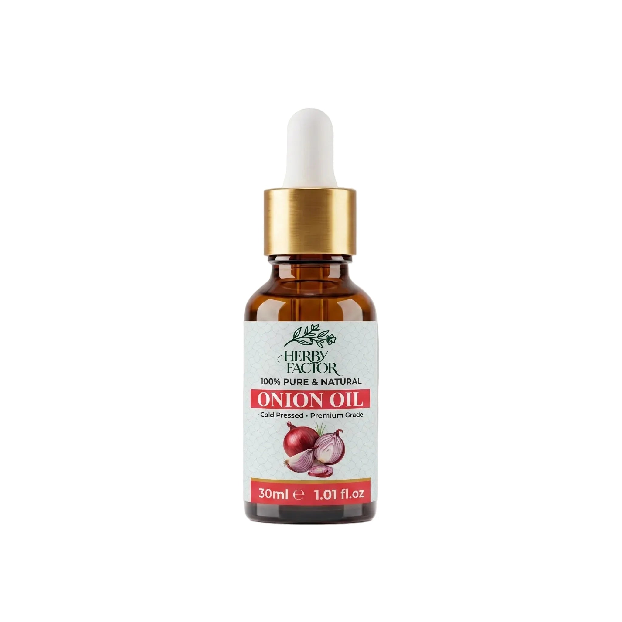 A 30ml amber glass dropper bottle of Herby Factor Onion Oil, Allium Cepa Roghan e Piyaz featuring a white label with red accents and a gold collar, set against white background.