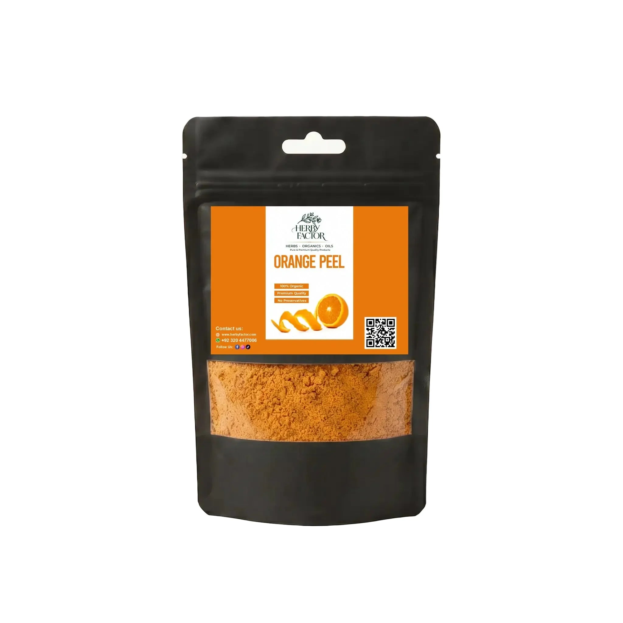 Black stand-up window pouch package displaying pure raw Dried Orange Peel Citrus sinensis Santre Ka Chilka powder by Herby Factor Pakistan