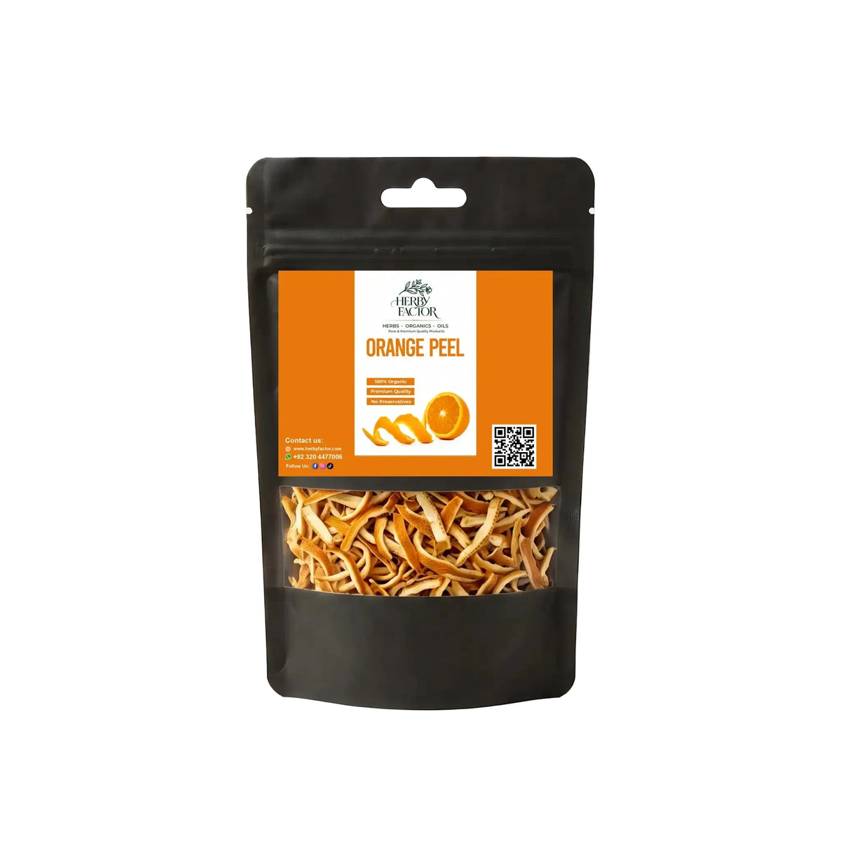 Black stand-up window pouch package displaying pure raw Dried Orange Peel Citrus sinensis Santre Ka Chilka by Herby Factor Pakistan