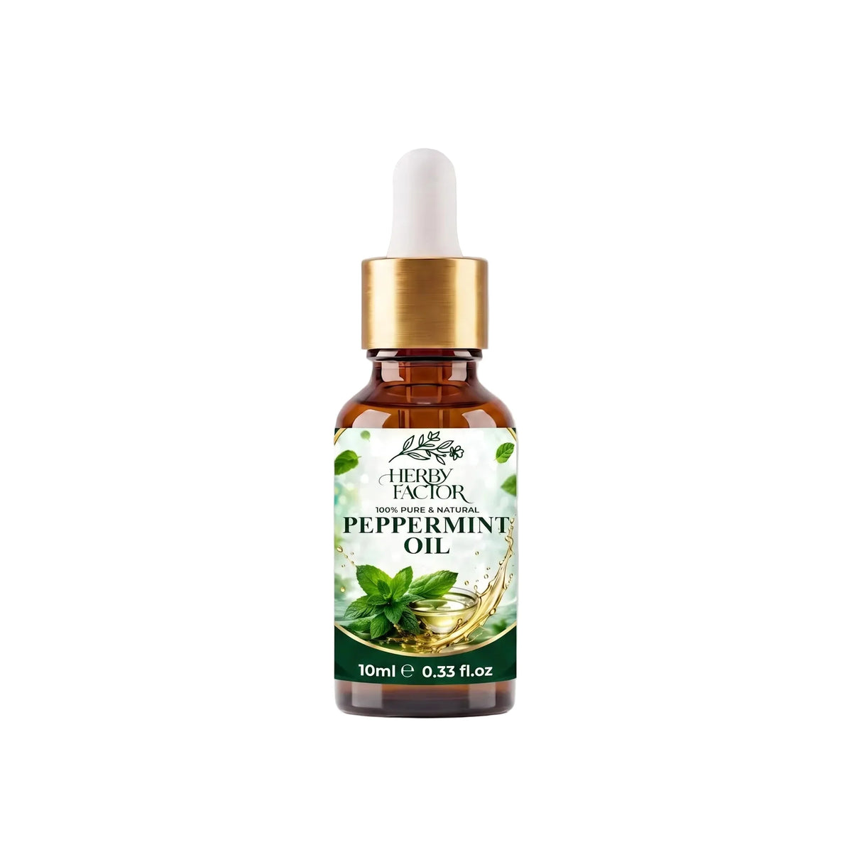 A 10ml amber glass dropper bottle of Herb Factor Peppermint Oil Mentha Piperita Roghan-e-Pudina with a white dropper cap and a green and white label, set against a white background.