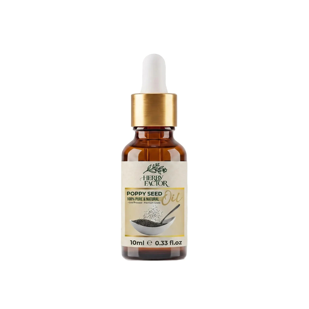 A 10ml amber glass dropper bottle of Herby Factor Poppy Seed Oil Papaver Somniferum Roghan-e-Khashkhash with a white dropper cap and gold collar, set against a white background.