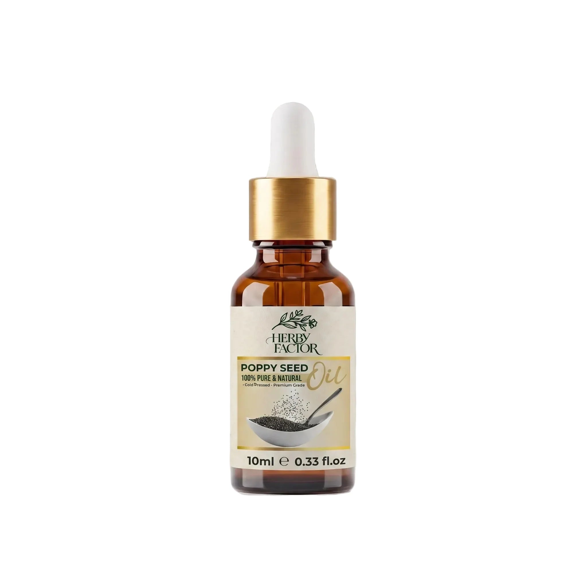 A 10ml amber glass dropper bottle of Herby Factor Poppy Seed Oil Papaver Somniferum Roghan-e-Khashkhash with a white dropper cap and gold collar, set against a white background.