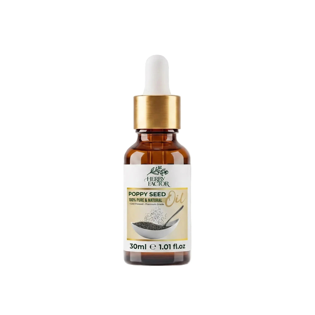 A 30ml amber glass dropper bottle of Herby Factor Poppy Seed Oil Papaver Somniferum Roghan-e-Khashkhash with a white dropper cap and gold collar, set against a white background.