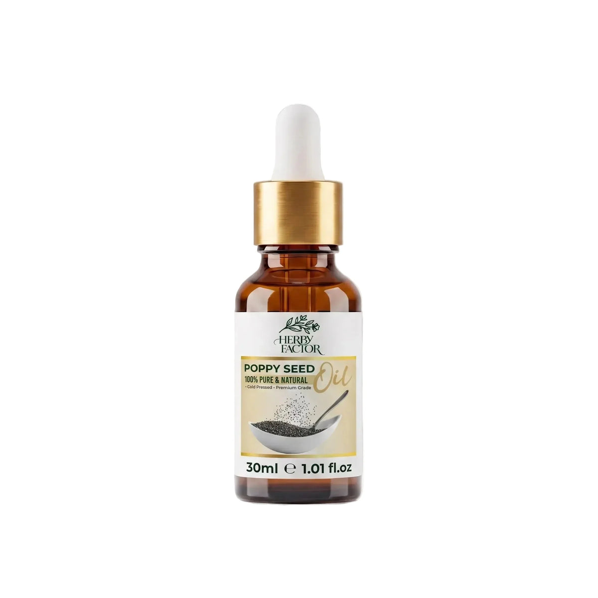 A 30ml amber glass dropper bottle of Herby Factor Poppy Seed Oil Papaver Somniferum Roghan-e-Khashkhash with a white dropper cap and gold collar, set against a white background.