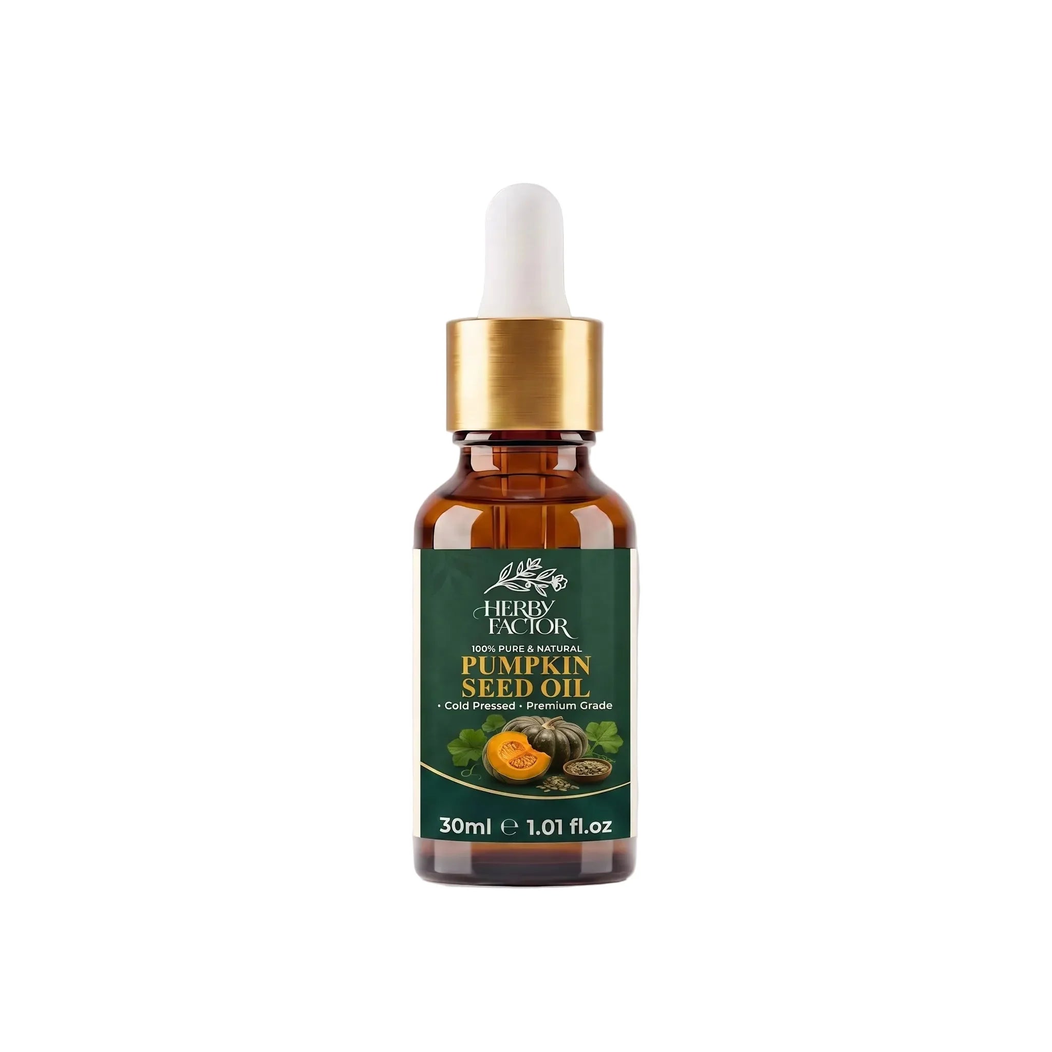 A 30ml amber glass dropper bottle of Herby Factor Pumpkin Seed Oil Cucurbita Pepo Roghan-e-Kaddu with a gold collar and white bulb, set against white background with a soft reflection.