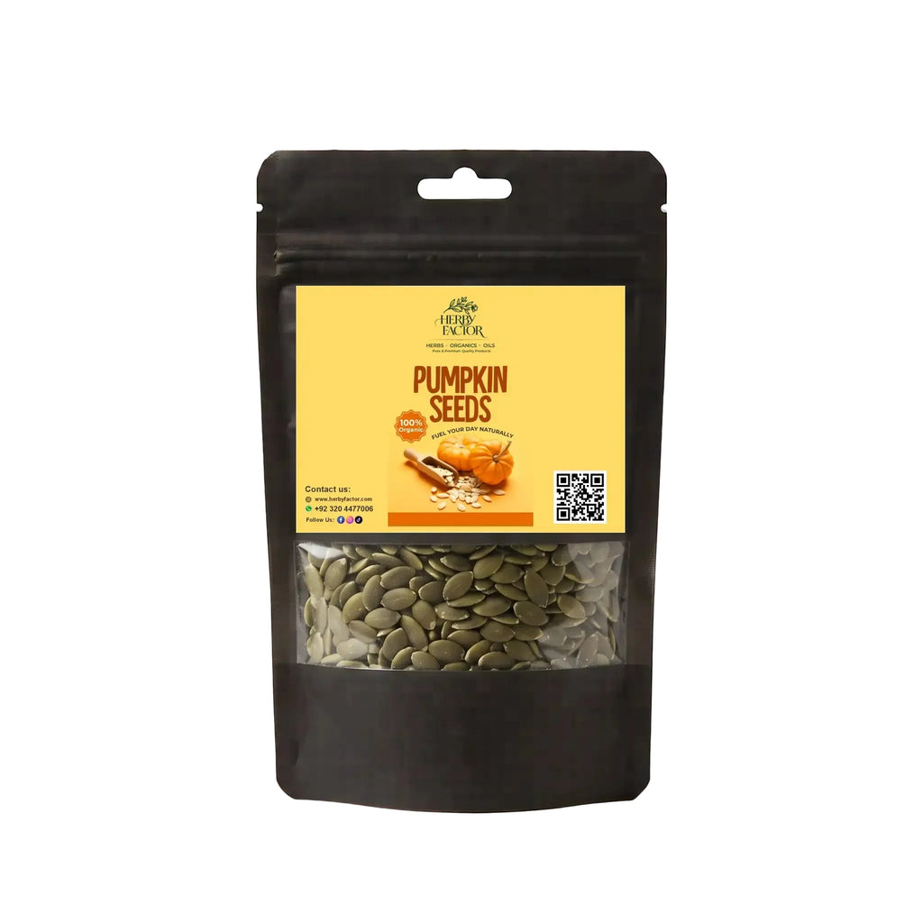 Black stand-up window pouch package displaying pure raw Pumpkin Seeds Cucurbita pepo Kaddu Ke Beej by Herby Factor Pakistan