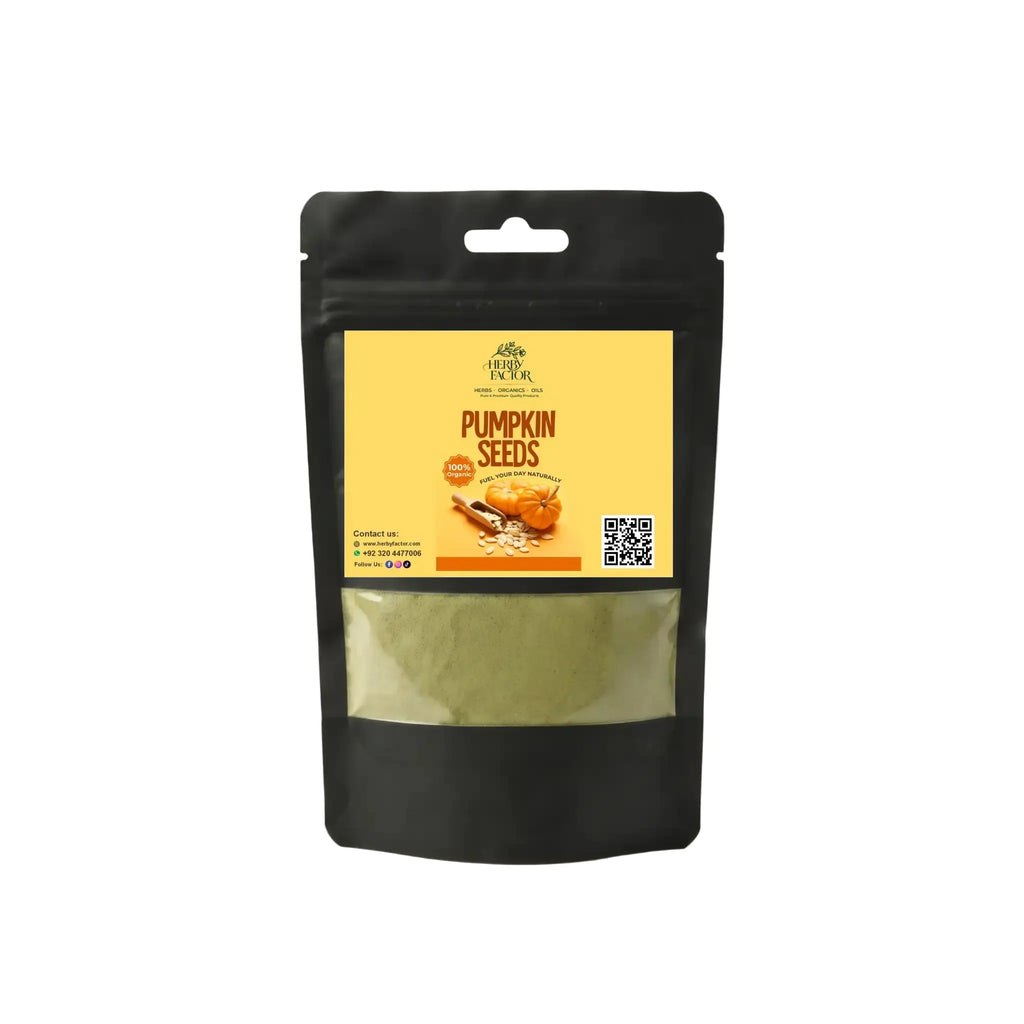 Black stand-up window pouch package displaying pure raw Pumpkin Seeds Powder Cucurbita pepo Kaddu Ke Beej by Herby Factor Pakistan