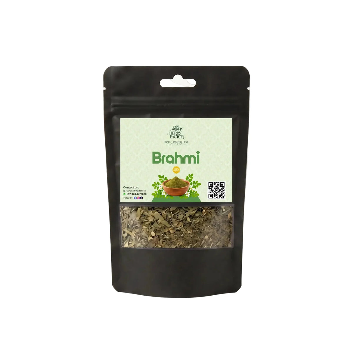 A black stand-up pouch of Brahmi tea with a clear window showing dried green-brown leaves inside. The front label is light green with the brand name 'Brahmi' and product details, set against a plain white background.