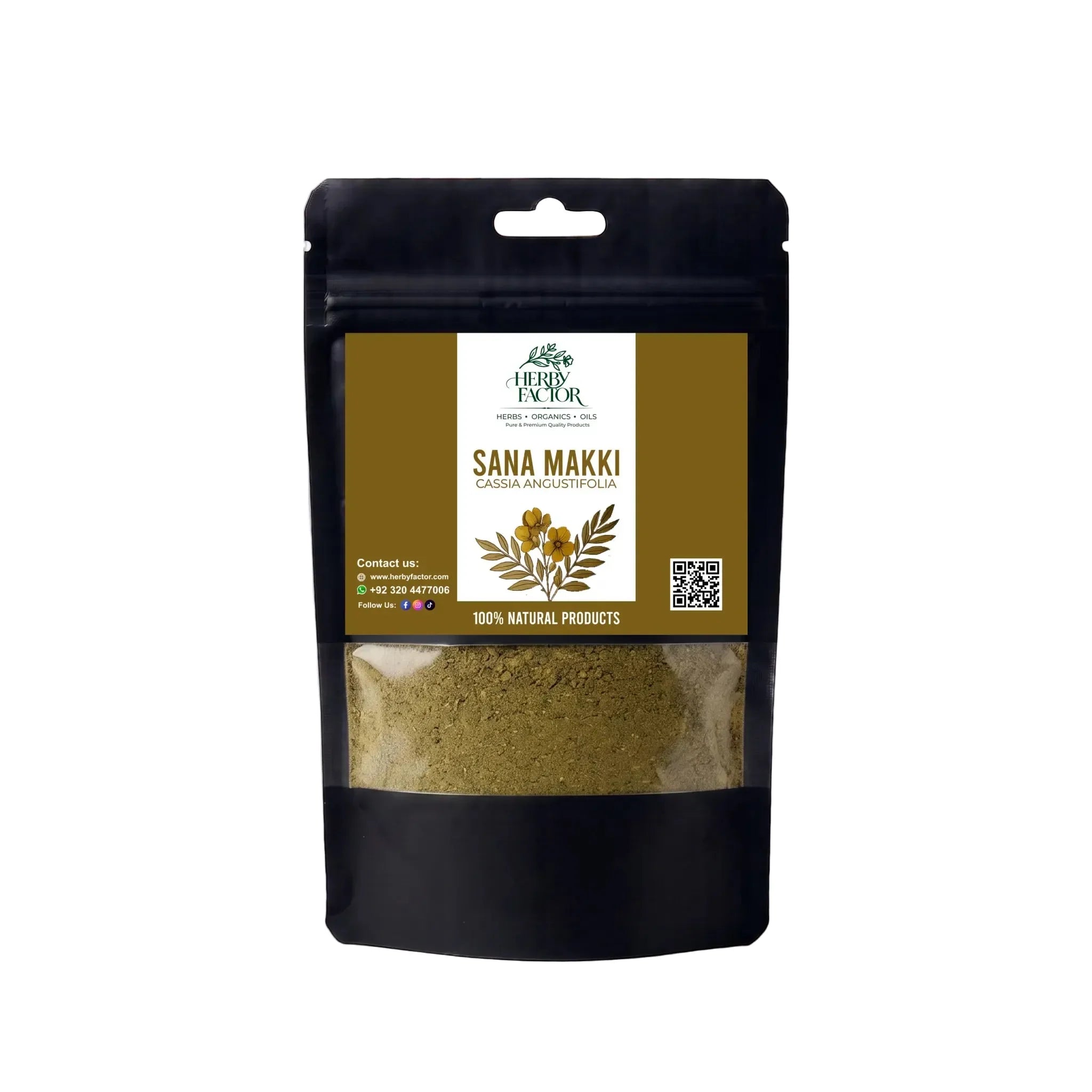 Herby Factor Sana Makki Senna alexandrina leaves and powder in premium black stand-up pouch with gold and white label on white background