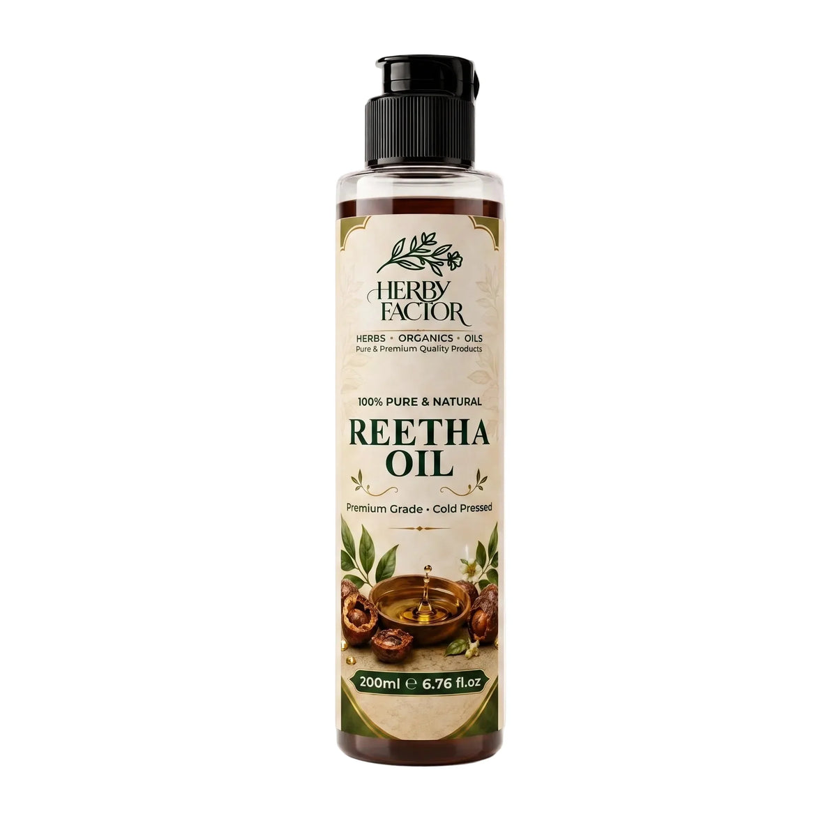 A 200ml bottle of Herby Factor Reetha Oil, Sapindus Mukorossi-Roghan e Reetha 100% pure and natural, with a black pump dispenser and a beige label featuring green text and illustrations of herbs.