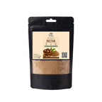 Black stand-up window pouch package displaying pure raw Reetha Soapnut Sapindus mukorossi powder by Herby Factor Pakistan
