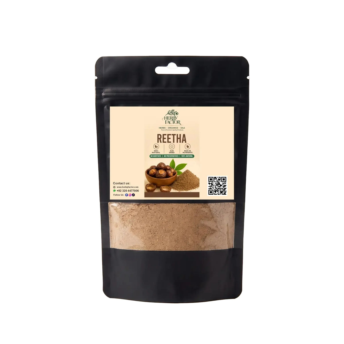 Black stand-up window pouch package displaying pure raw Reetha Soapnut Sapindus mukorossi powder by Herby Factor Pakistan