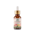 A 10ml amber glass dropper bottle of Rose Oil rosa-damascena Roghan-e-Gulab with a white dropper cap, gold collar, and a pink rose-themed label, set against a light gray background with a soft reflection.