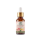 A 10ml amber glass dropper bottle of Rose Oil rosa-damascena Roghan-e-Gulab with a white dropper cap, gold collar, and a pink rose-themed label, set against a light gray background with a soft reflection.