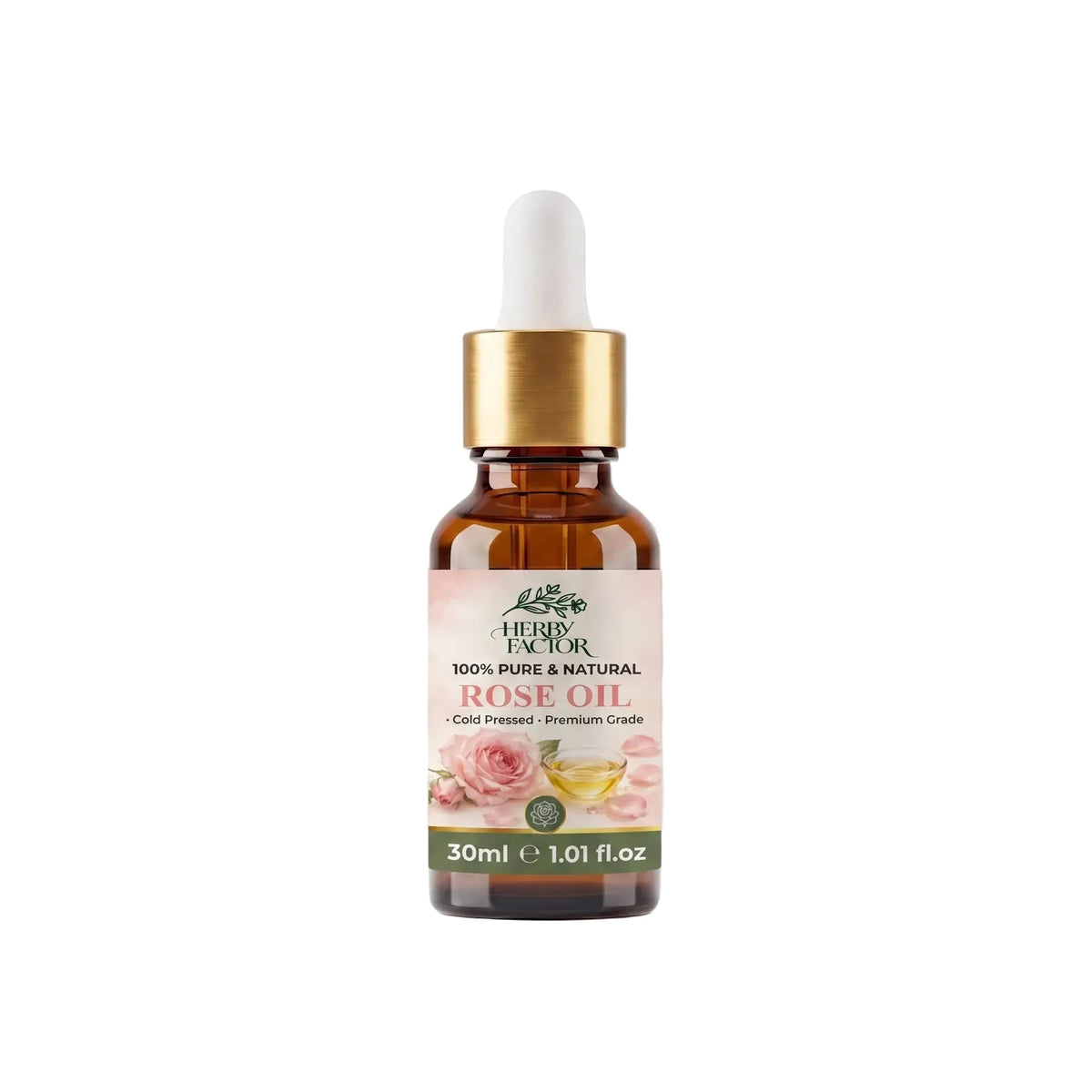 A 30ml amber glass dropper bottle of Rose Oil rosa-damascena Roghan-e-Gulab with a white dropper cap, gold collar, and a pink rose-themed label, set against a light gray background with a soft reflection.