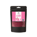 Black stand-up window pouch package displaying pure dried Rose Petals powder Rosa damascena Gulab Ki Pattiyan safoof by Herby Factor Pakistan