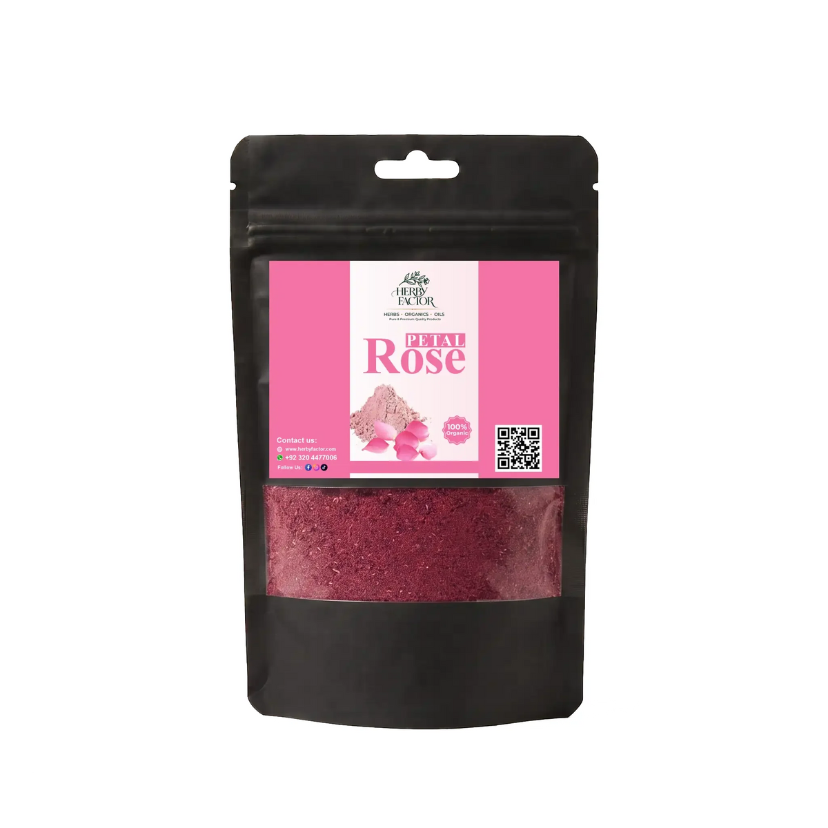 Black stand-up window pouch package displaying pure dried Rose Petals powder Rosa damascena Gulab Ki Pattiyan safoof by Herby Factor Pakistan